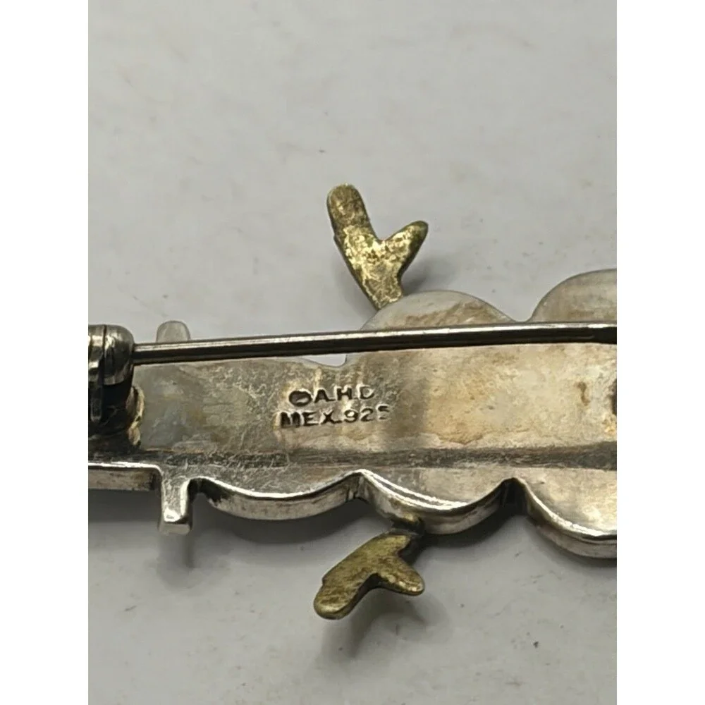 Snowman Brooch Enamel  & Brass Details Pin Signed AHD Mexico Sterling Silver 925